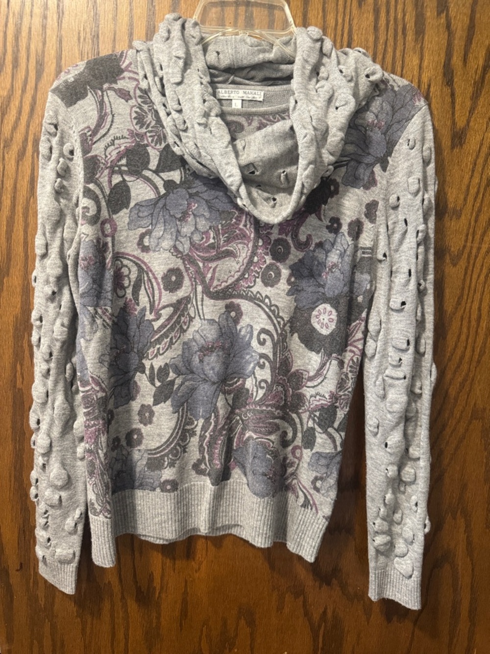 Alberto Makali Gray Cowl Neck Sweater with Purple Floral Paisley Print